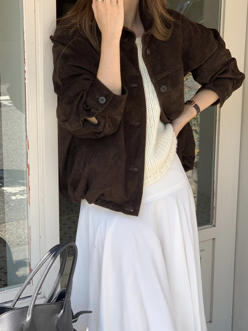 Reuven high neck pig leather suede jacket-2col