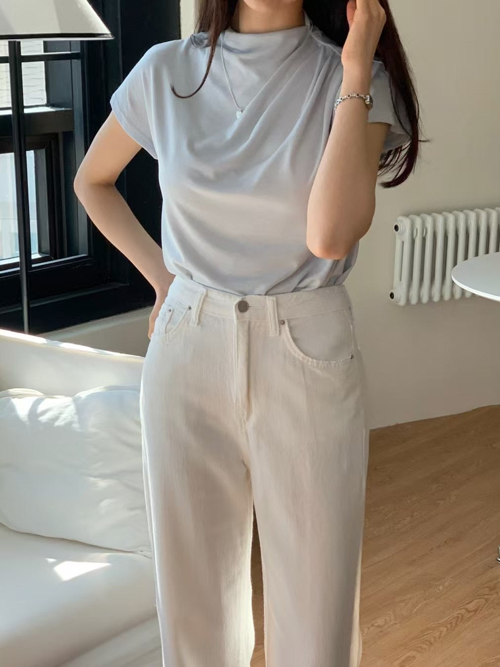 Rizy half high neck shirring T-4col