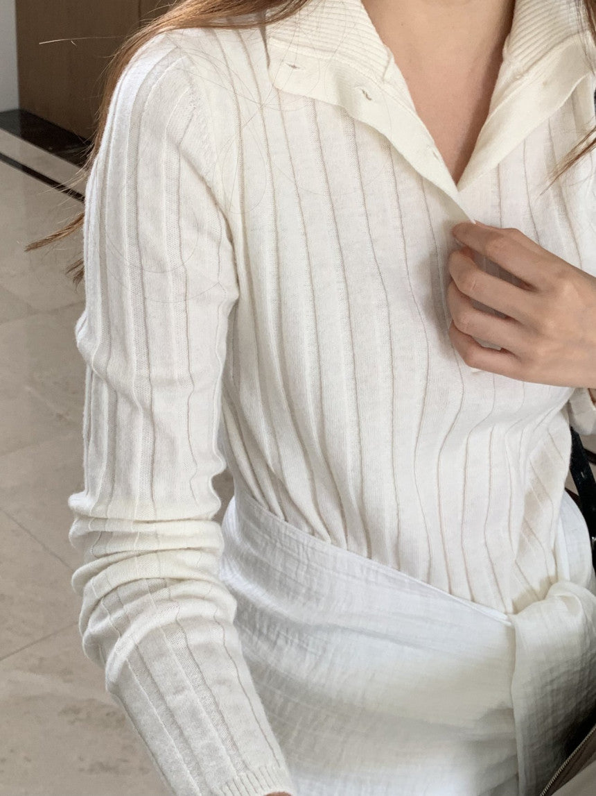 Linear wool button collar knit-4col