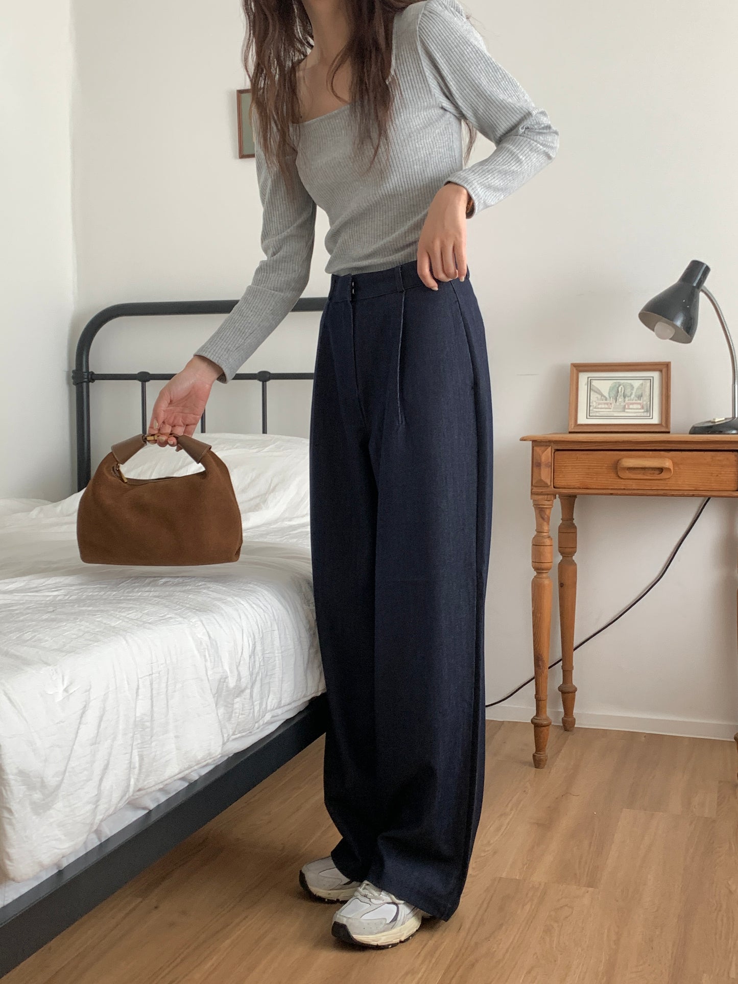 Fw denim onepintuck slacks-2col ショート丈あり