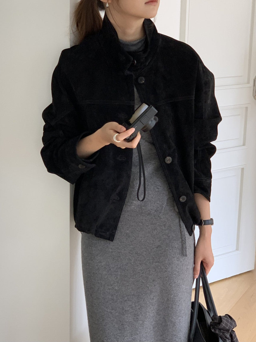 Reuven high neck pig leather suede jacket-2col