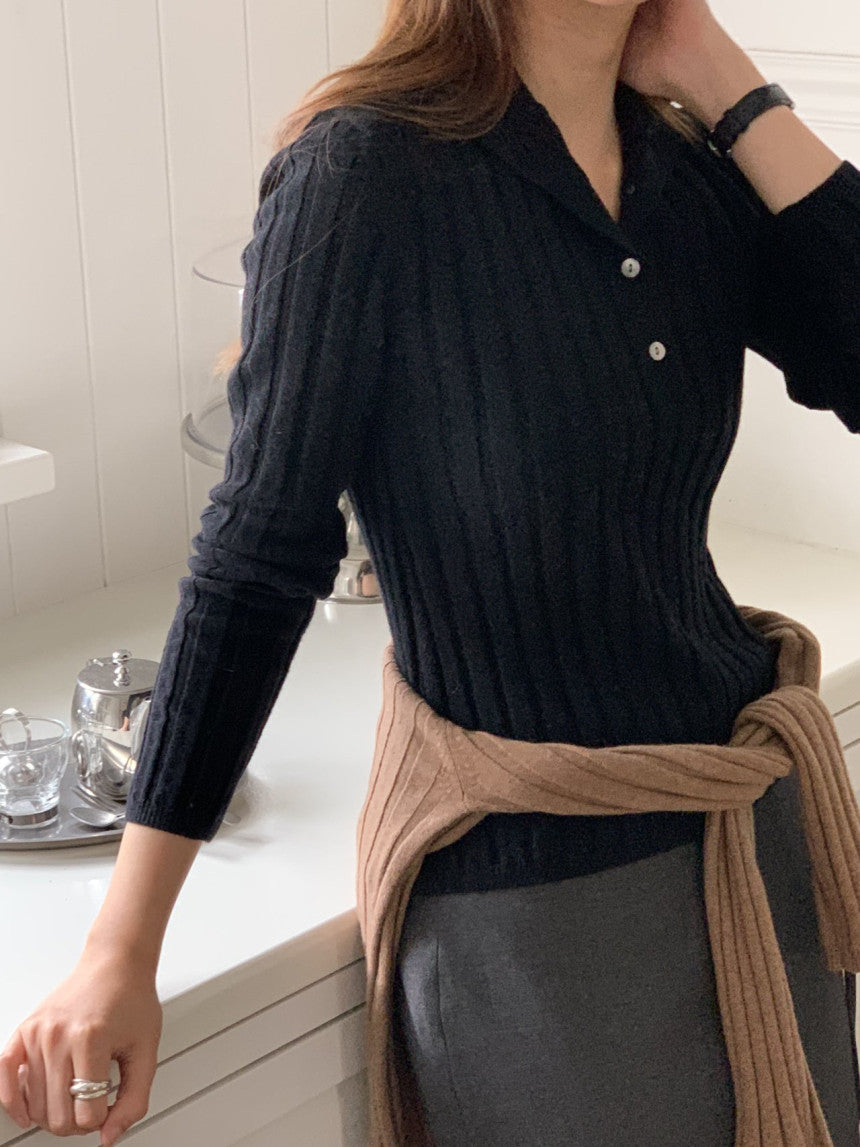 Linear wool button collar knit-4col