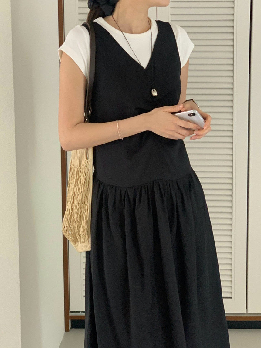 Posh v-neck shirring onepiece-2col