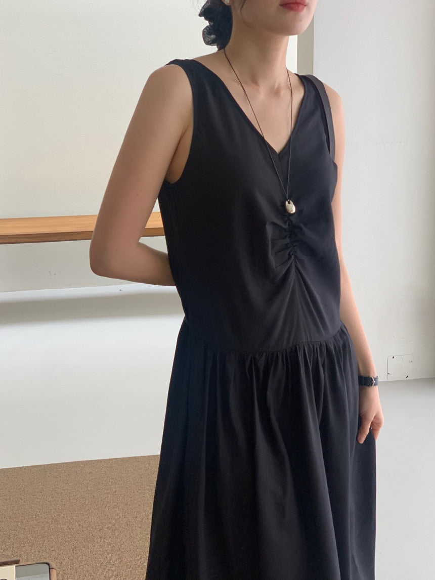 Posh v-neck shirring onepiece-2col
