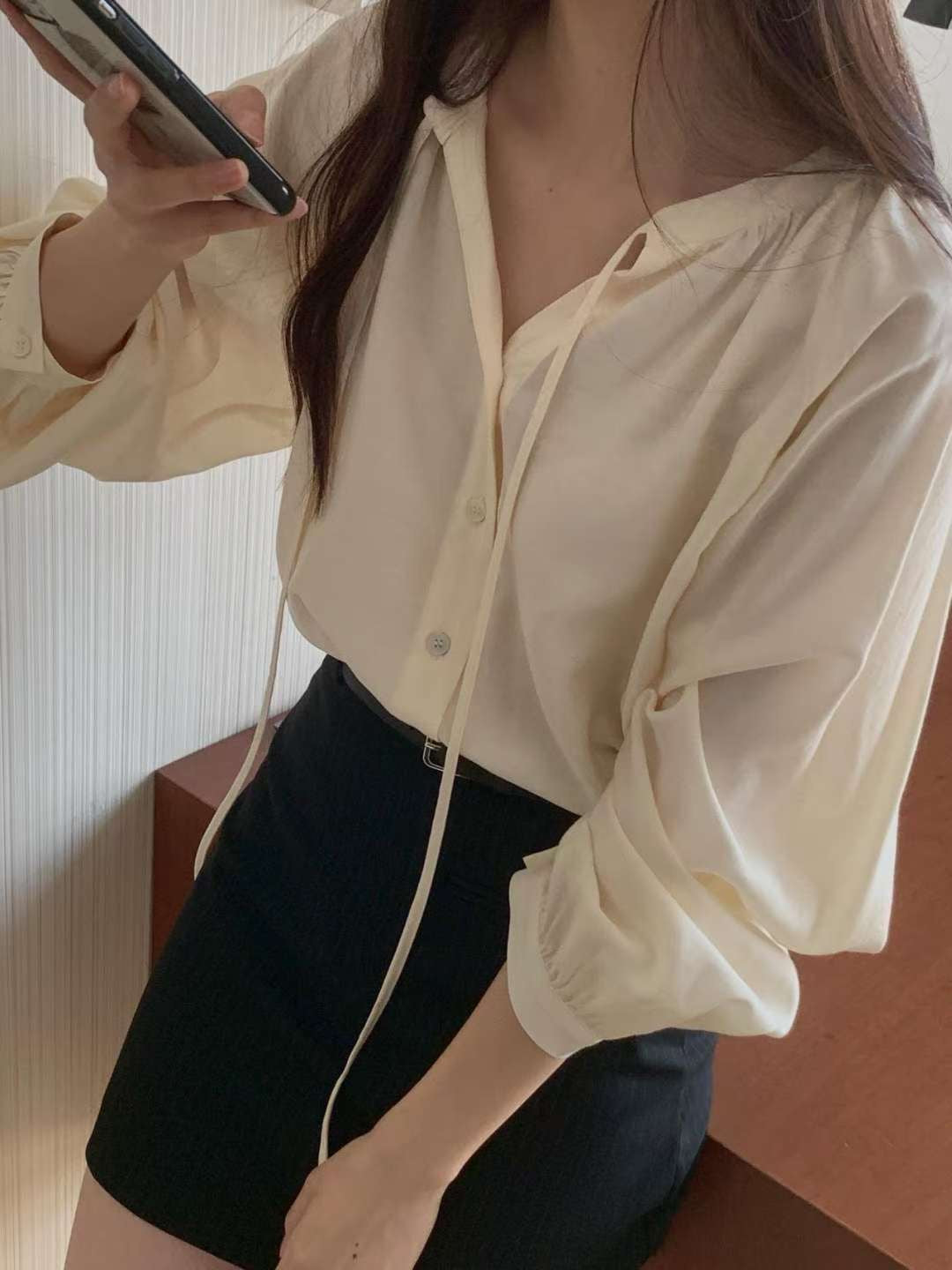 rope shirring blouse-2col