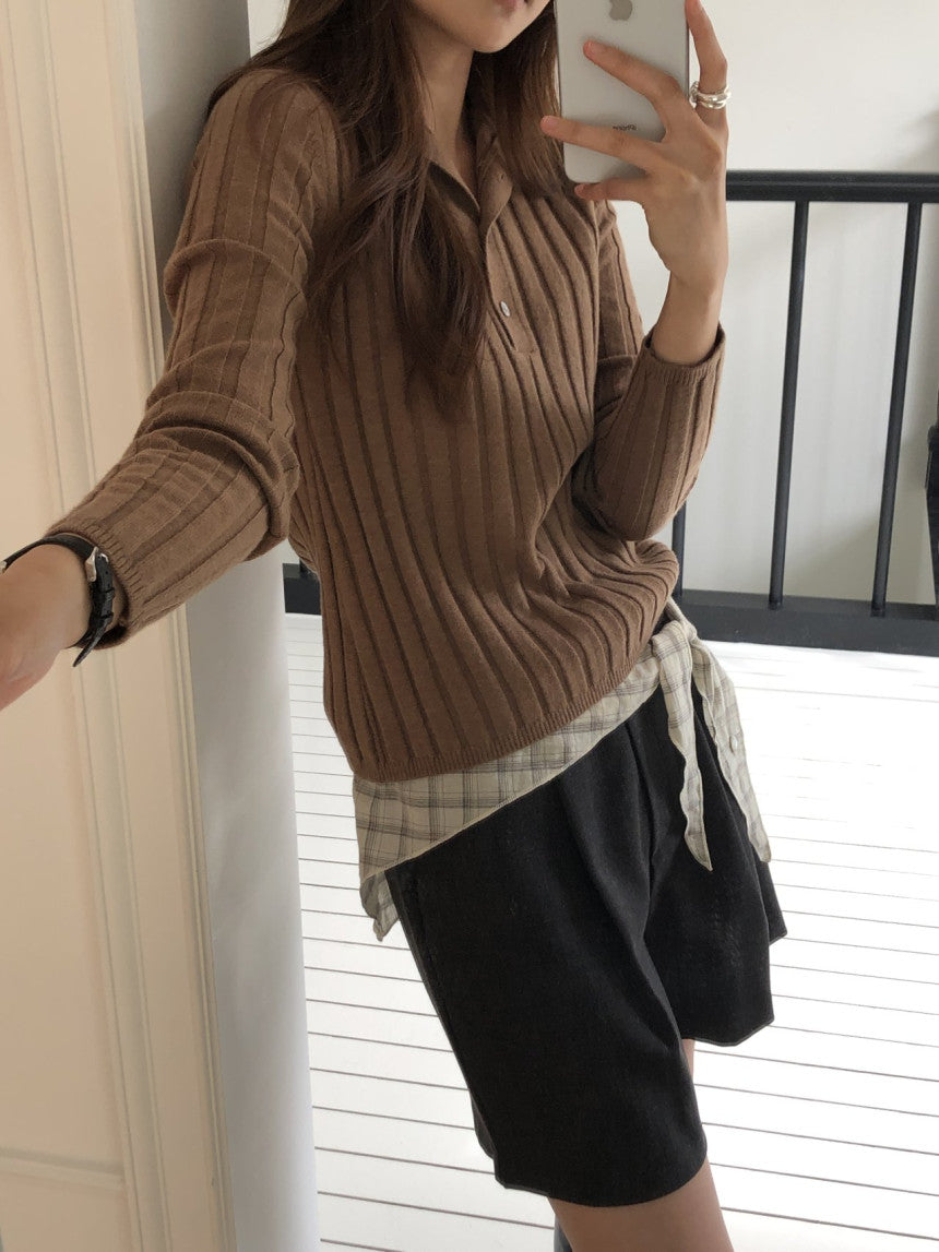 Linear wool button collar knit-4col