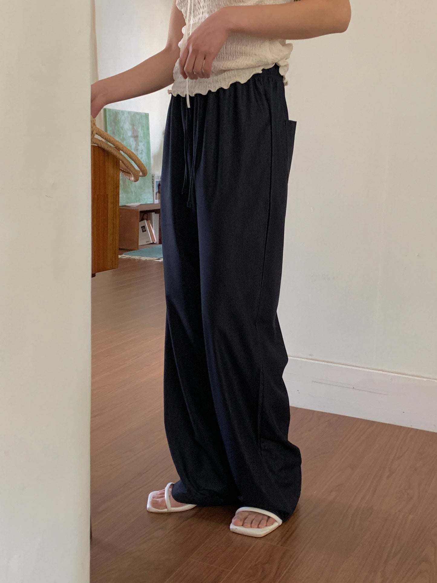 Ice banding denim slacks ショート丈あり