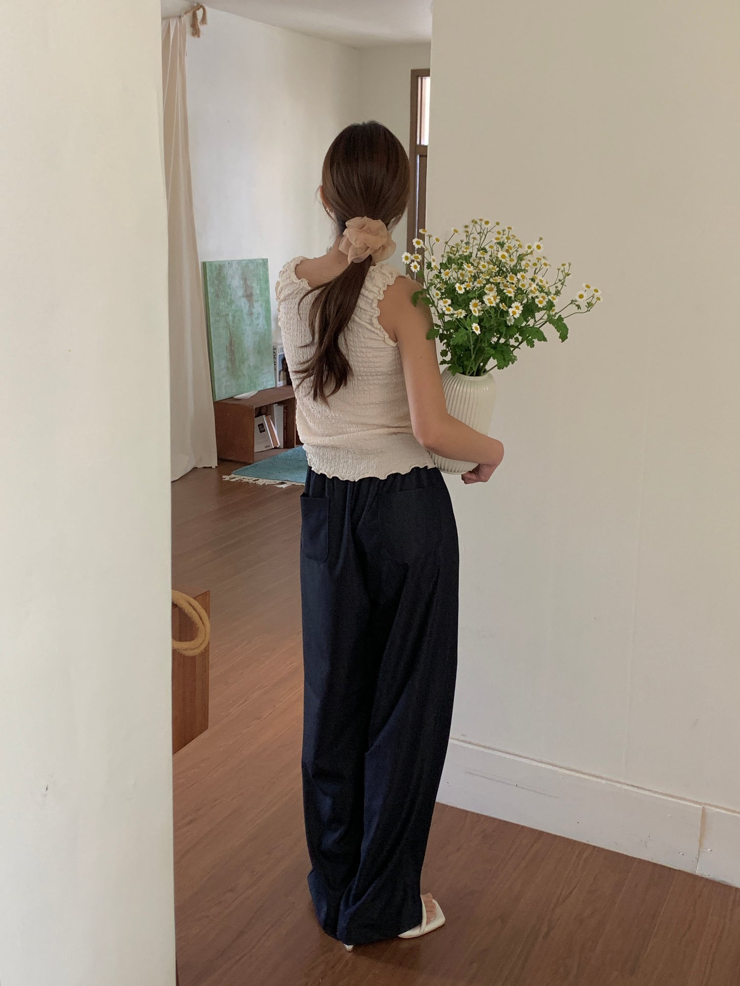 Ice banding denim slacks ショート丈あり