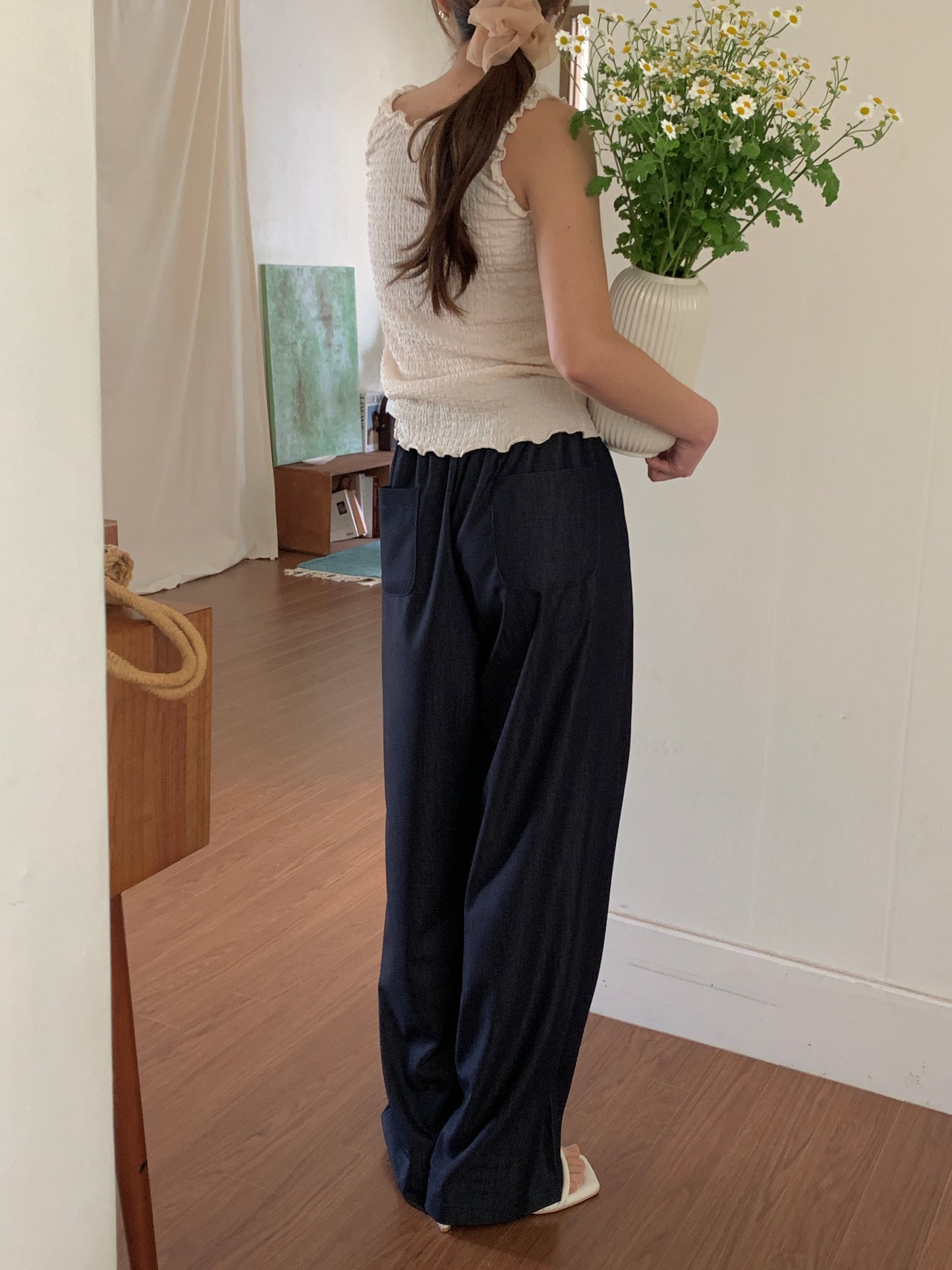 Ice banding denim slacks ショート丈あり