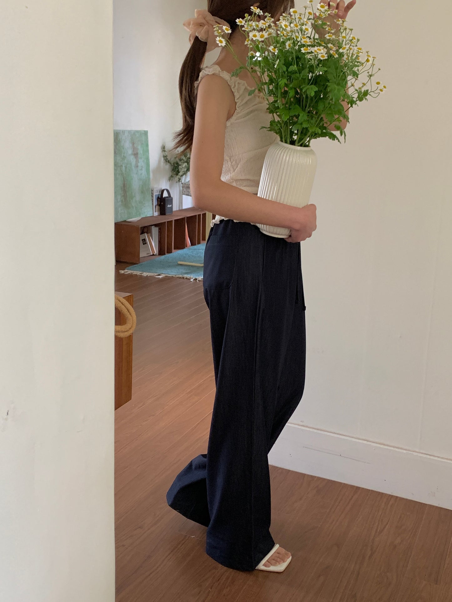 Ice banding denim slacks ショート丈あり