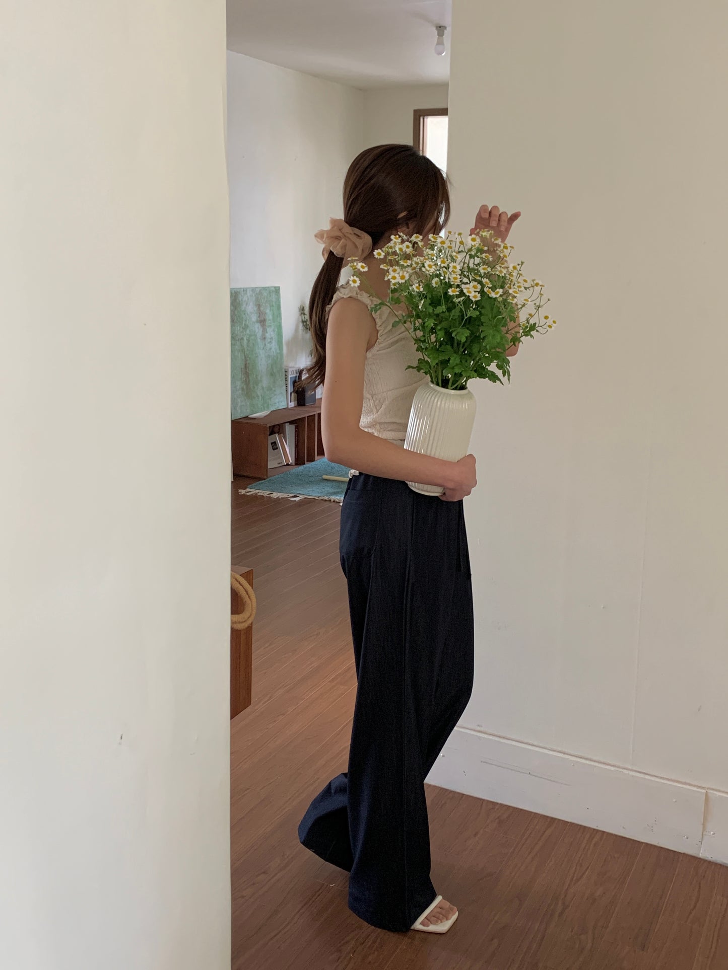Ice banding denim slacks ショート丈あり