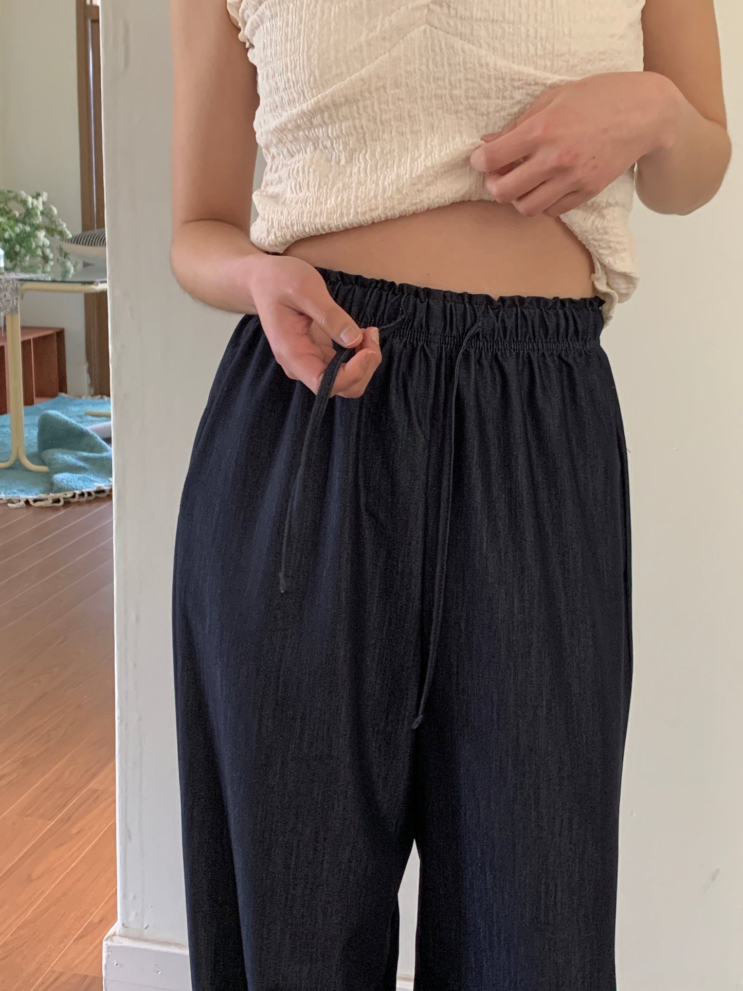 Ice banding denim slacks ショート丈あり