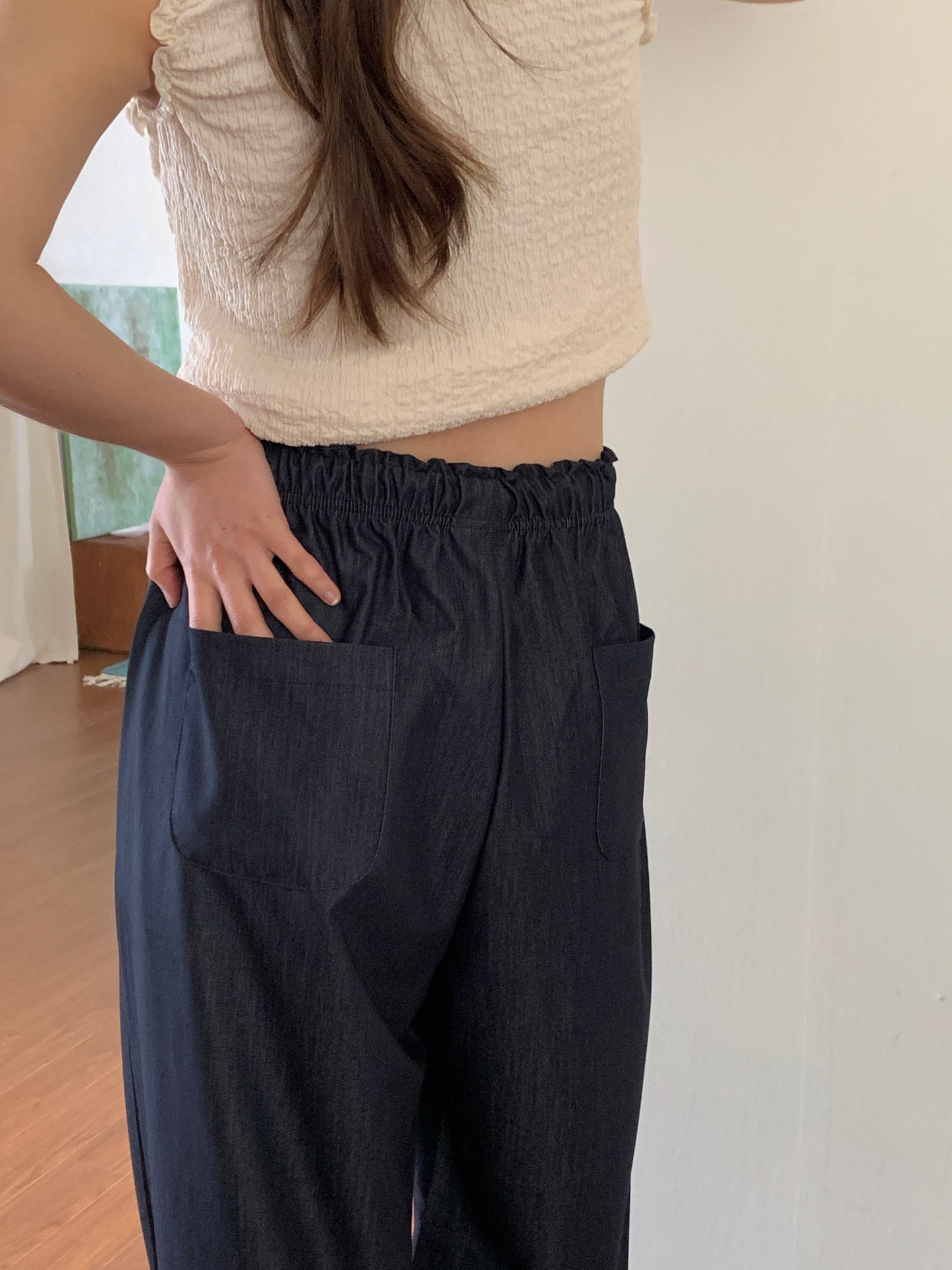 Ice banding denim slacks ショート丈あり