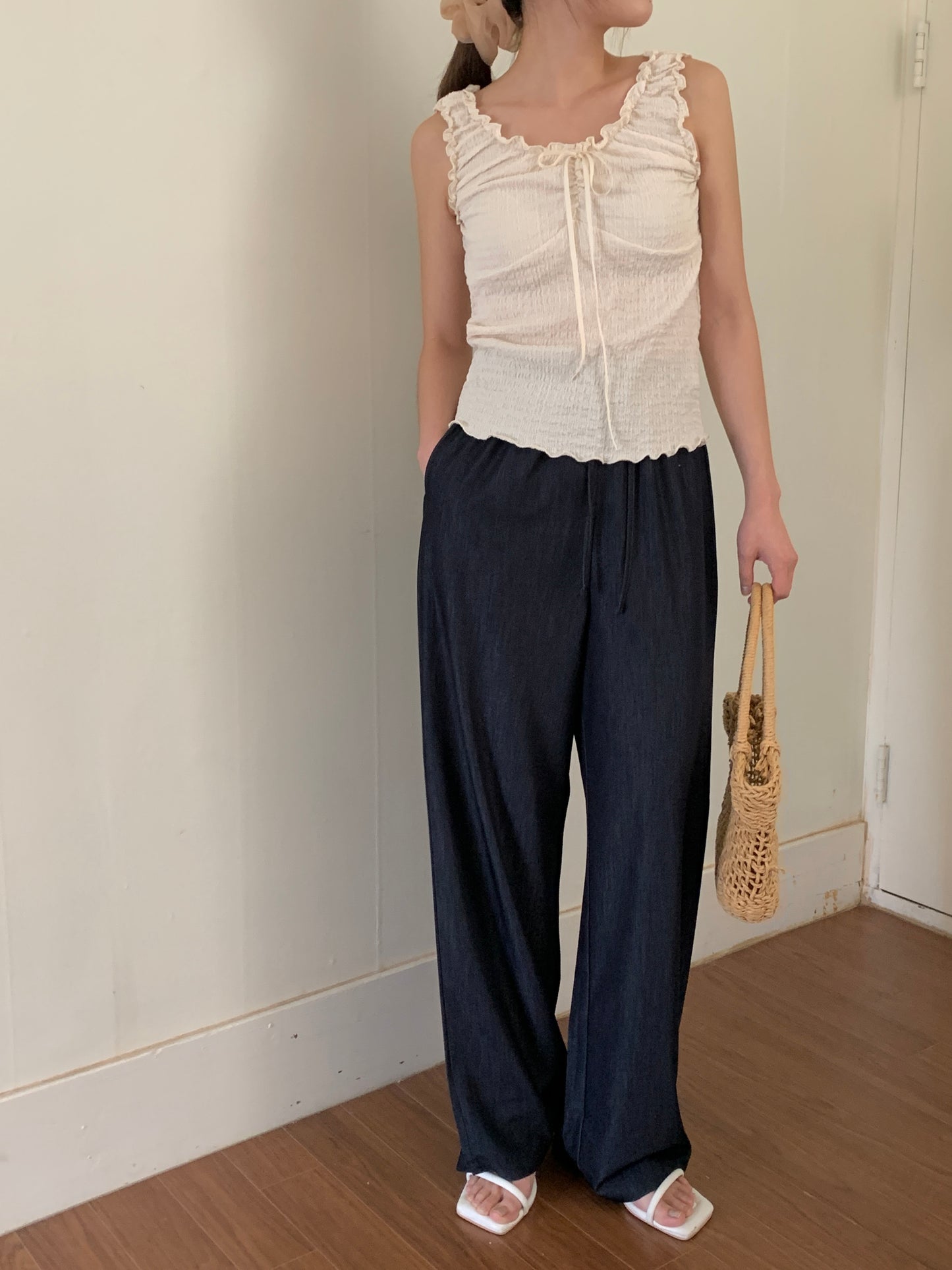 Ice banding denim slacks ショート丈あり