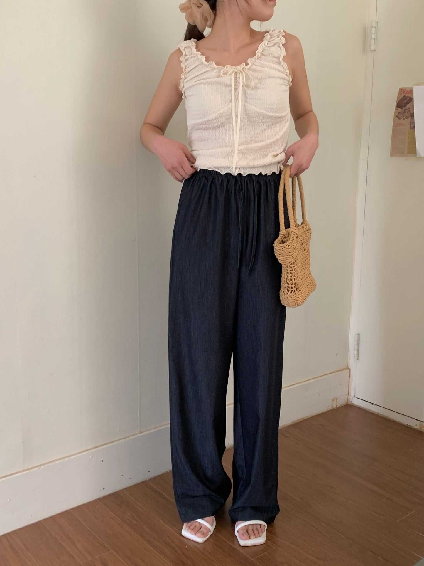 Ice banding denim slacks ショート丈あり