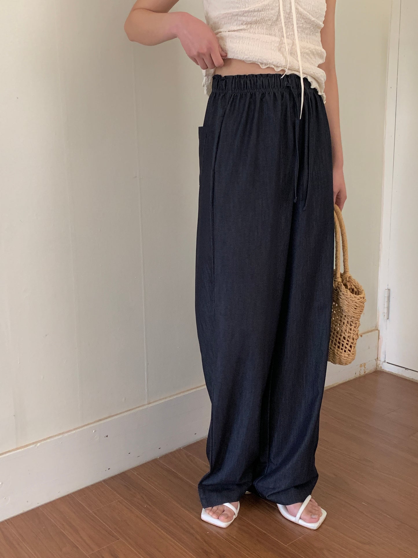 Ice banding denim slacks ショート丈あり