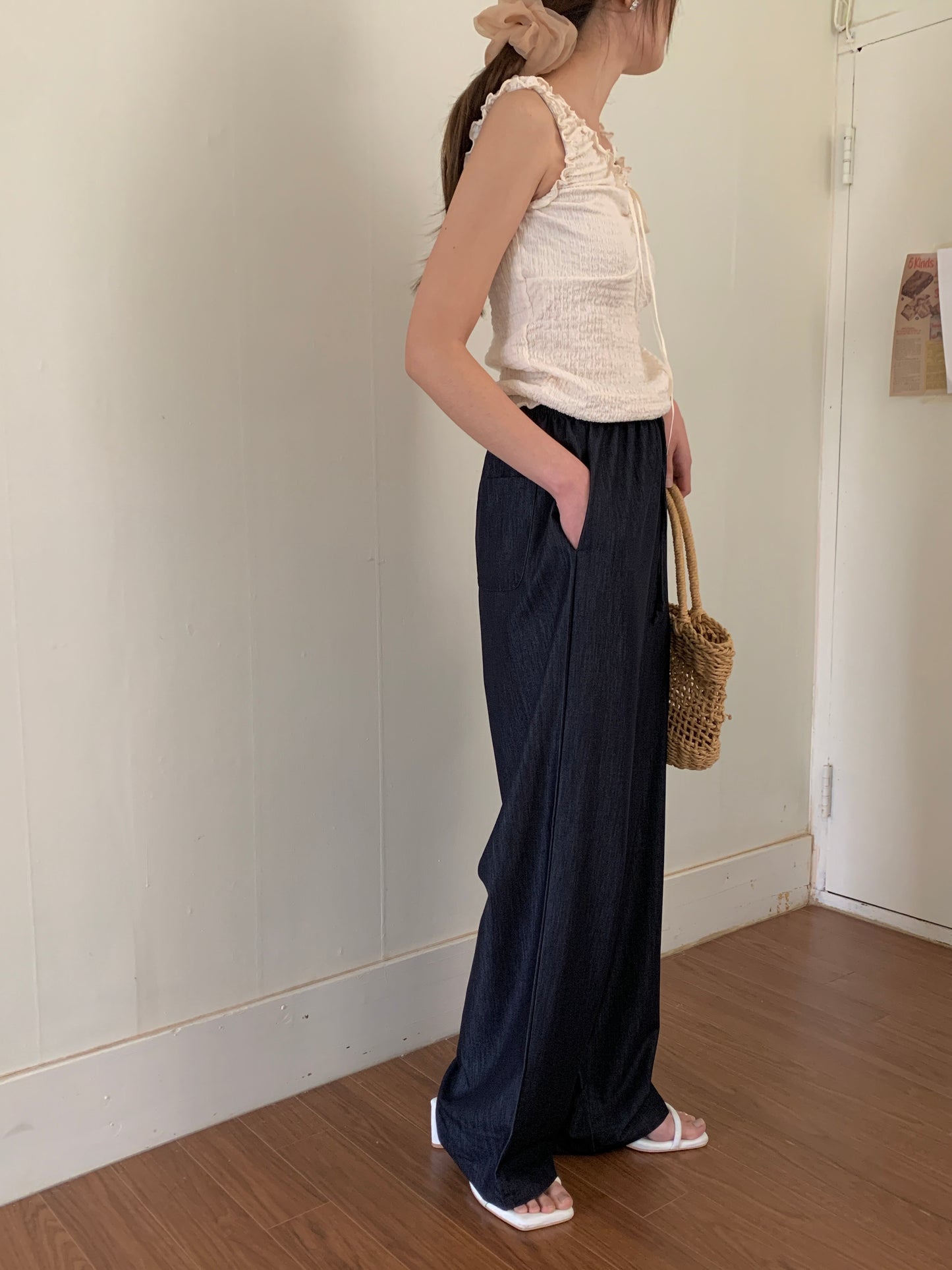 Ice banding denim slacks ショート丈あり