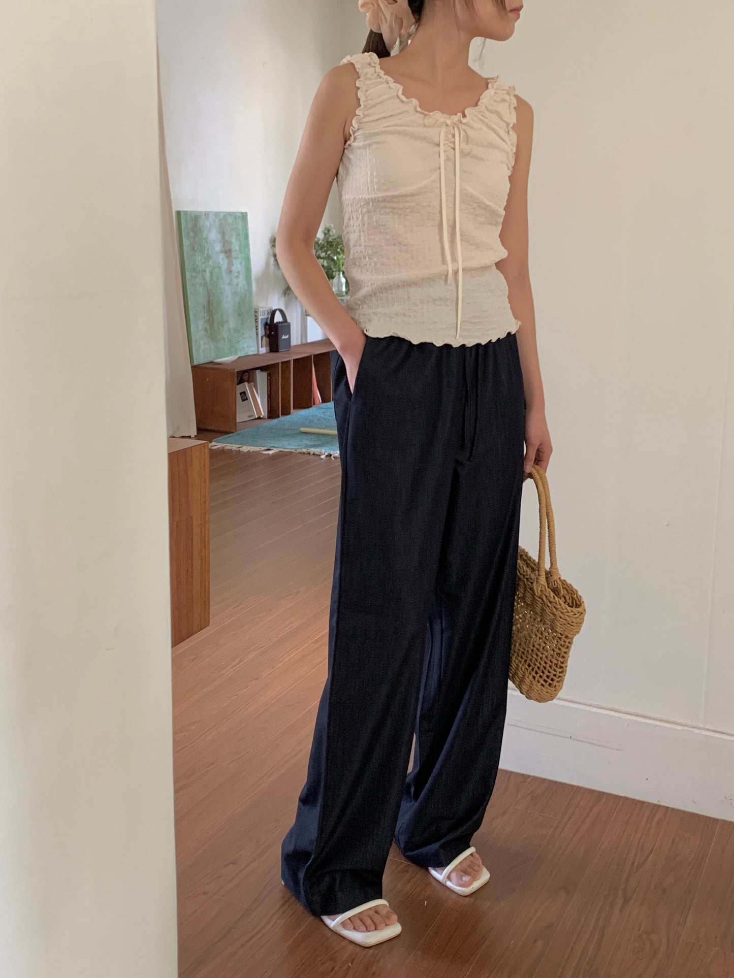 Ice banding denim slacks ショート丈あり