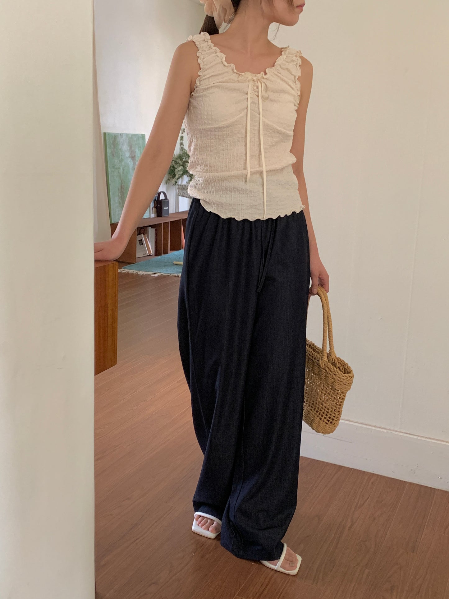 Ice banding denim slacks ショート丈あり