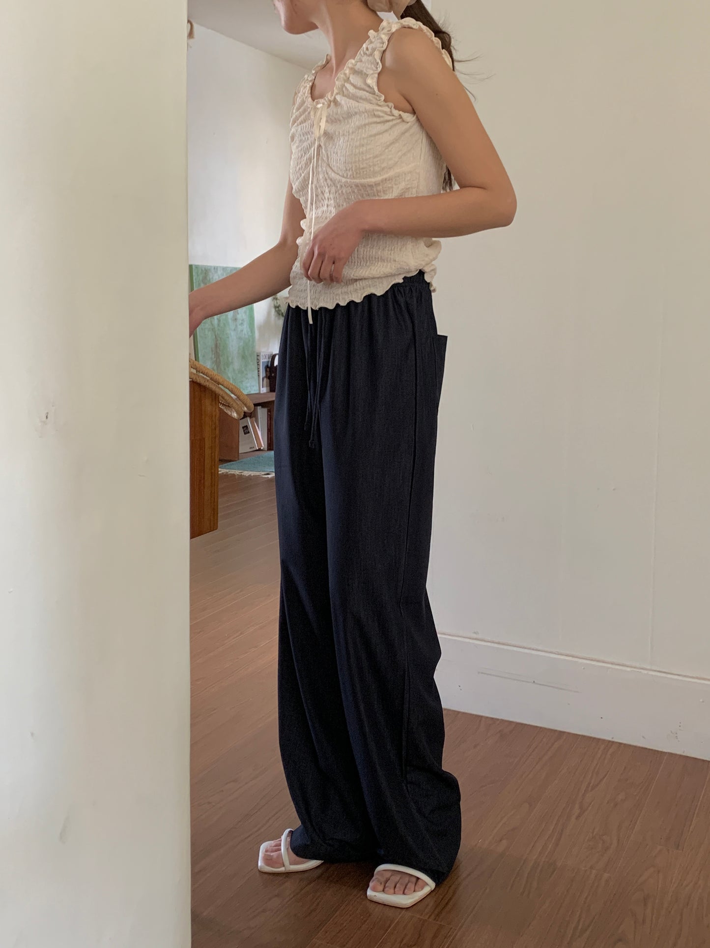 Ice banding denim slacks ショート丈あり