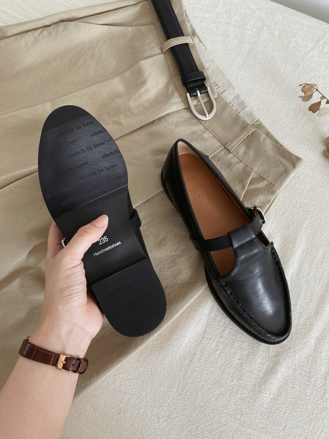 Vintage leather T strap loafers-2col