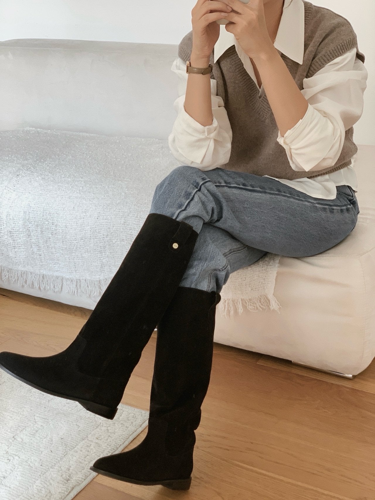 Antique Logo Basic Suede Long Boots-2col