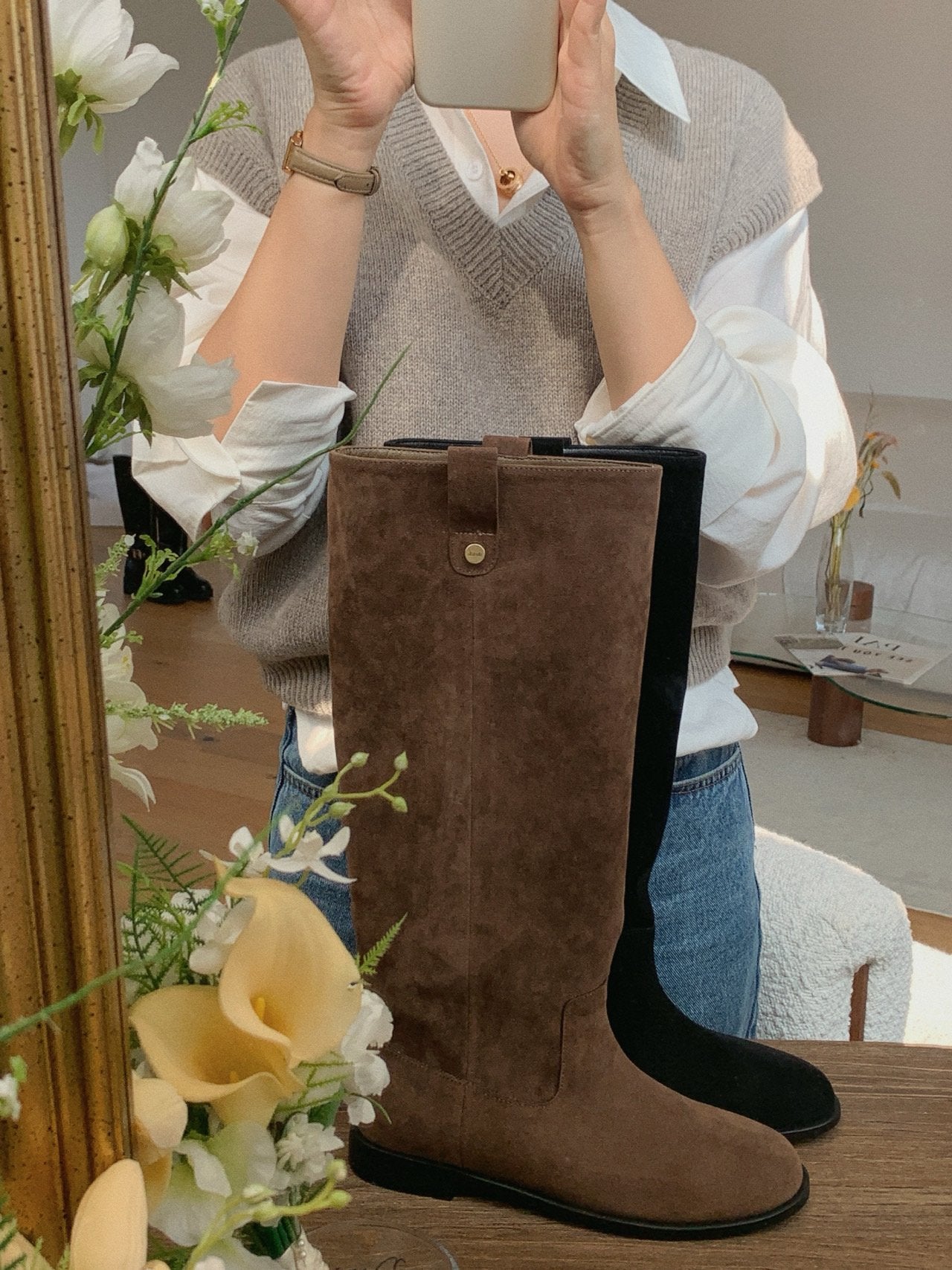 Antique Logo Basic Suede Long Boots-2col