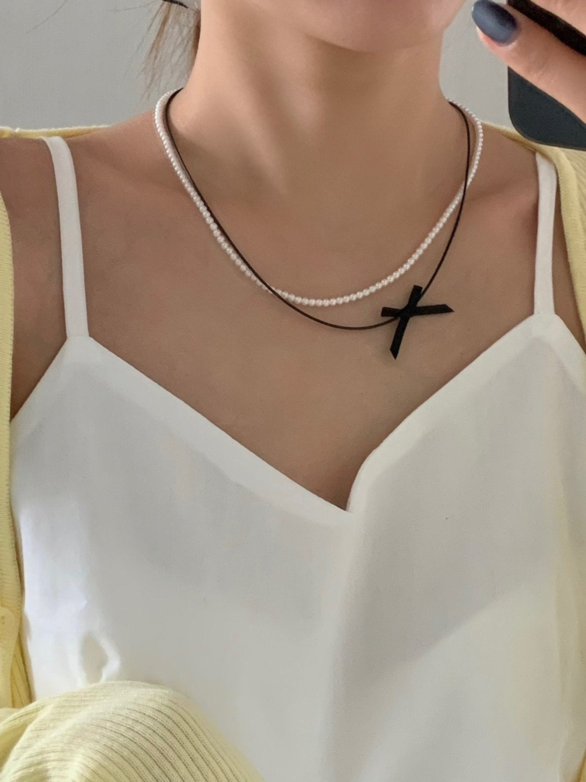 pearl ribbon set necklace