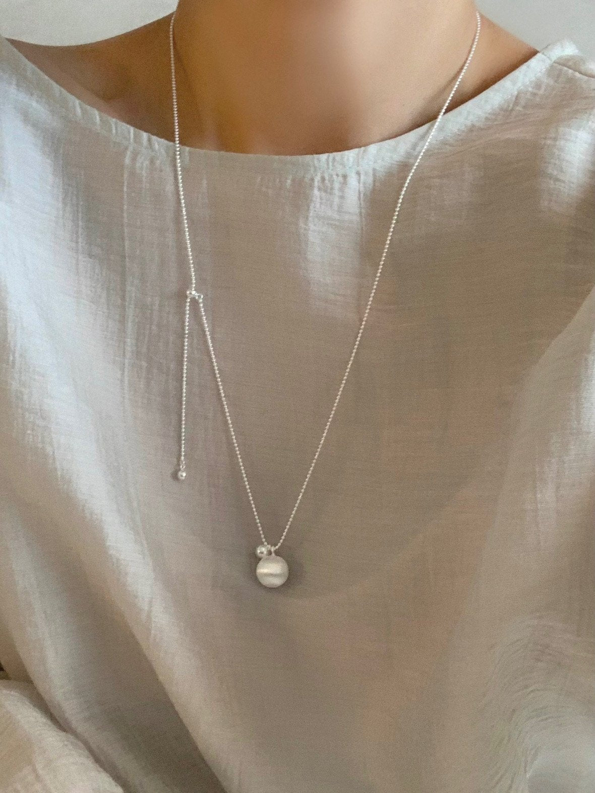 matte silver ball long necklace