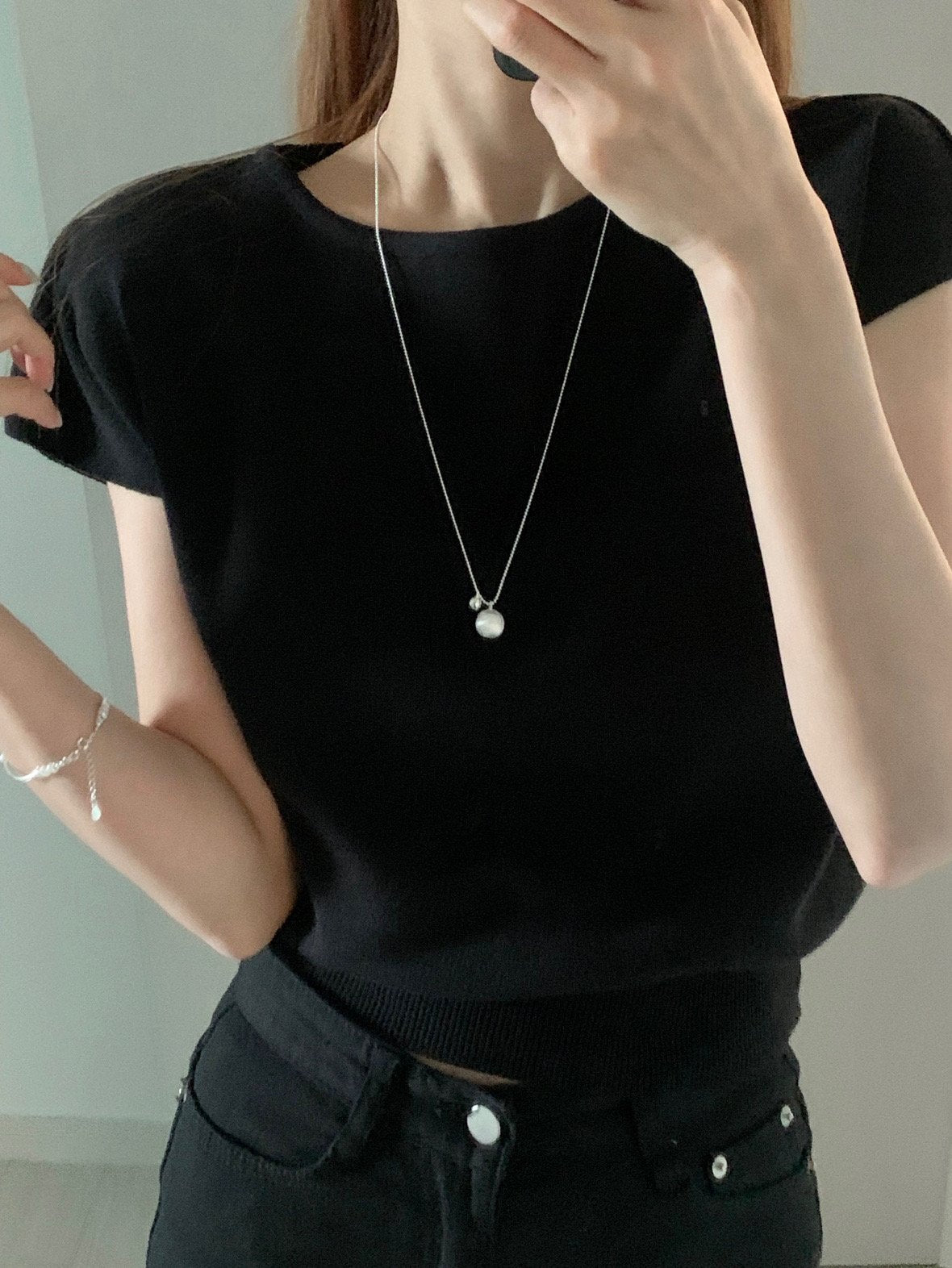 matte silver ball long necklace