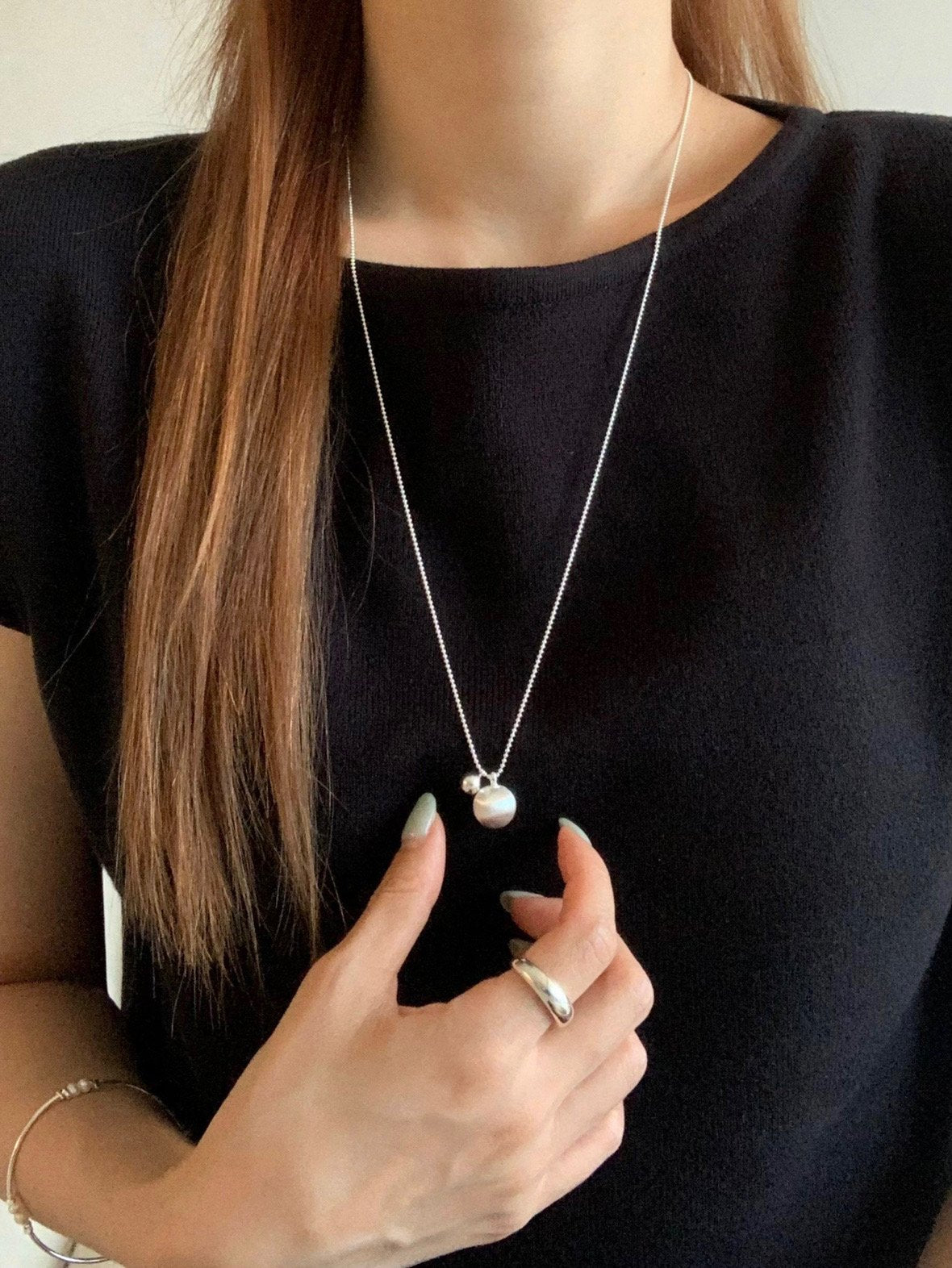 matte silver ball long necklace