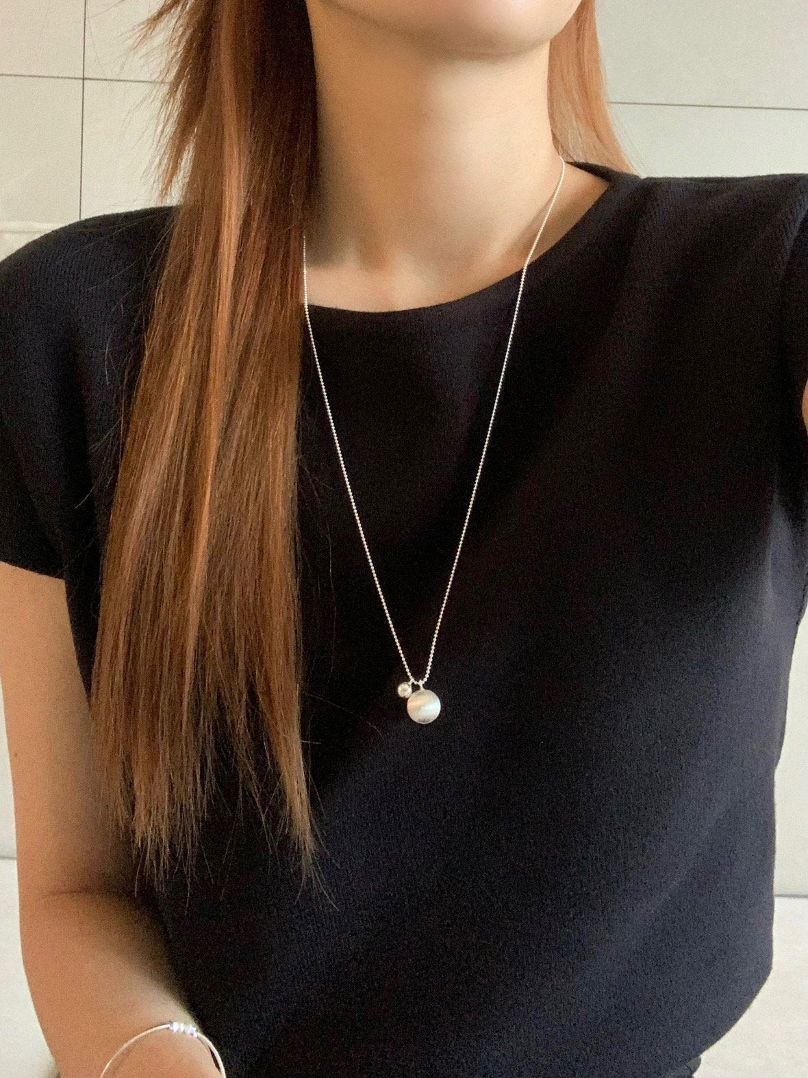 matte silver ball long necklace