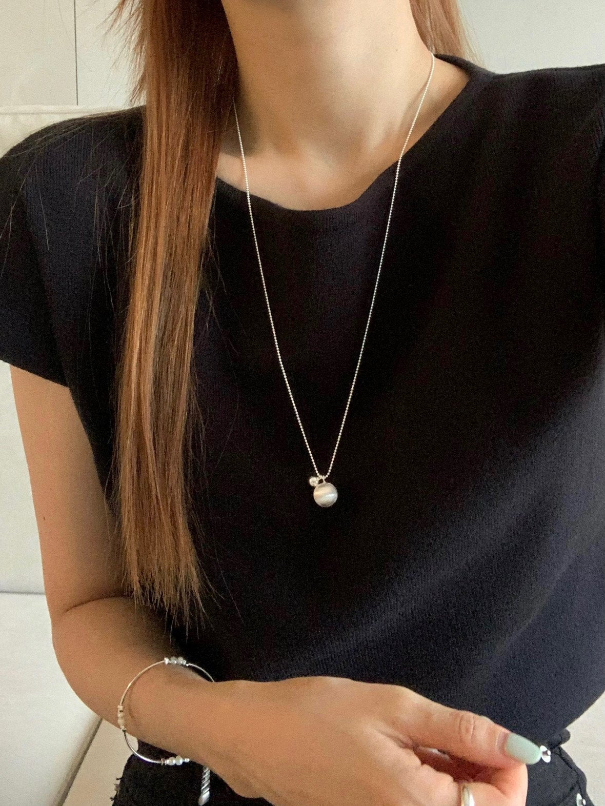 matte silver ball long necklace