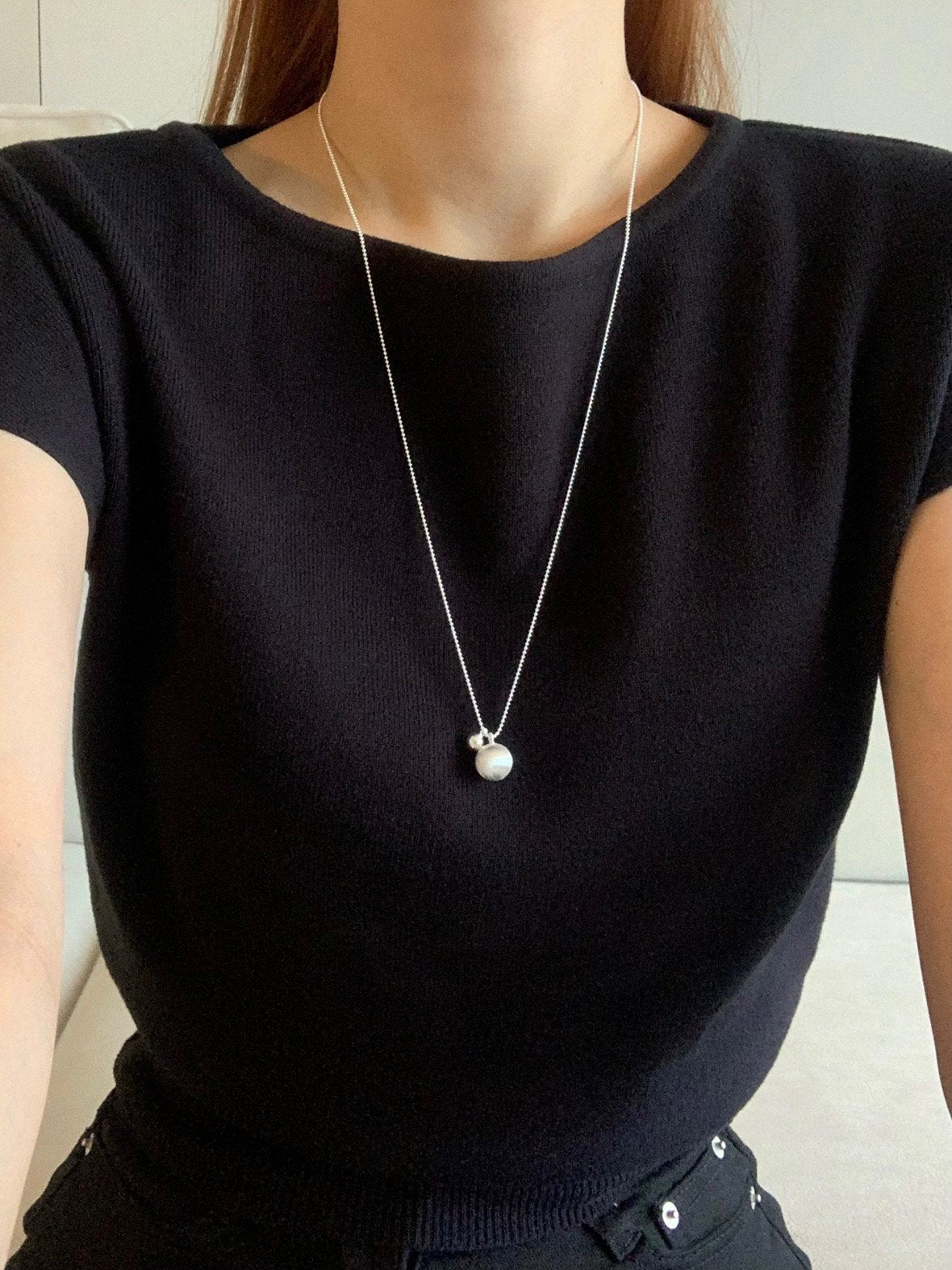 matte silver ball long necklace