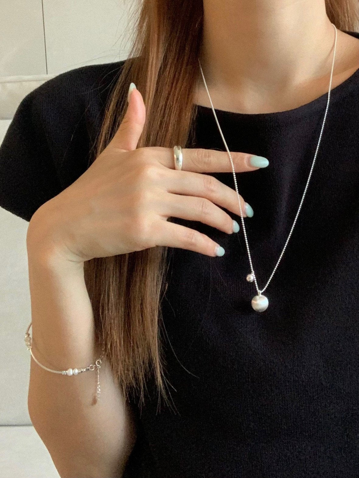 matte silver ball long necklace
