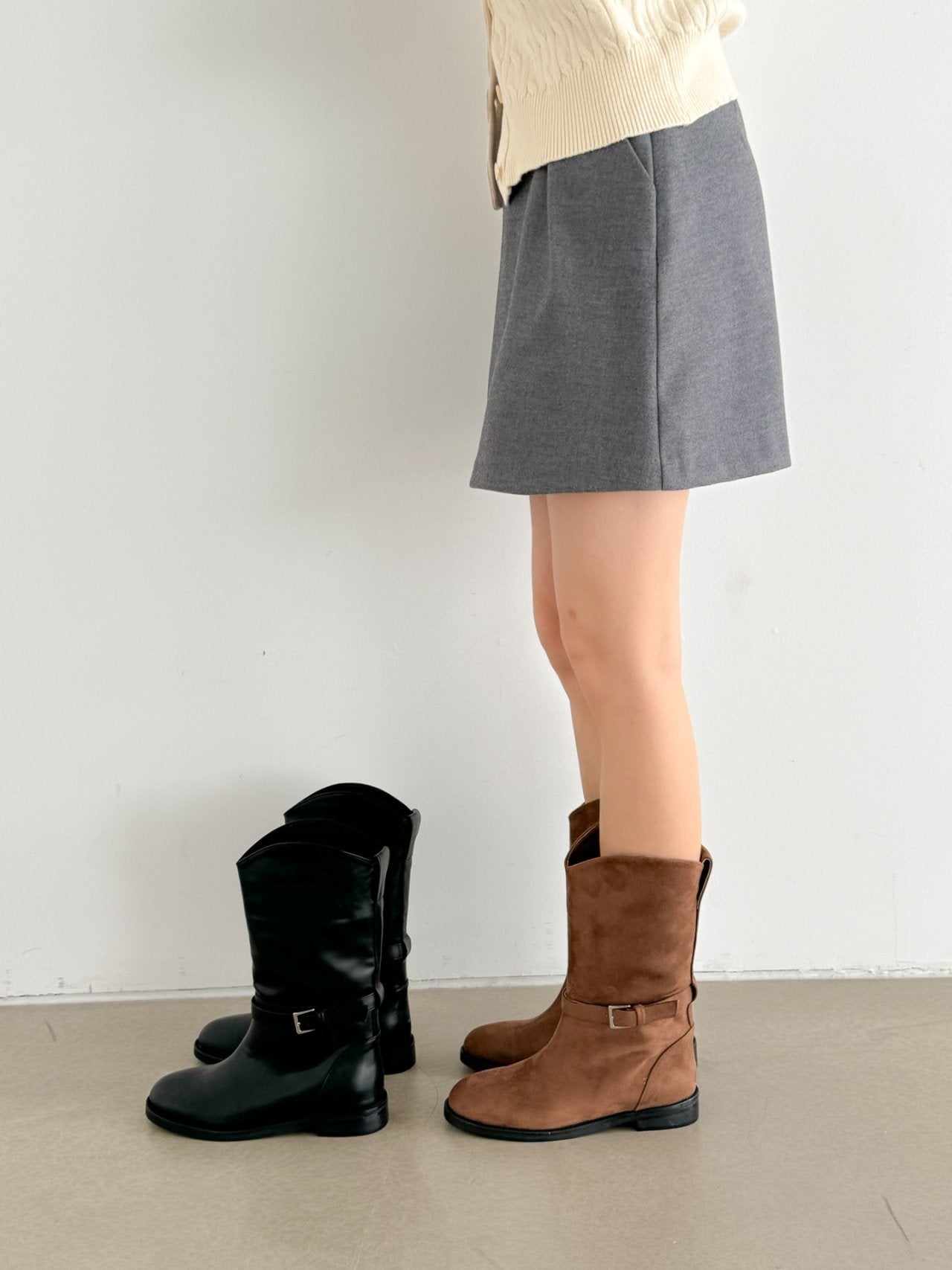 Mini Buckle Half Middle Boots