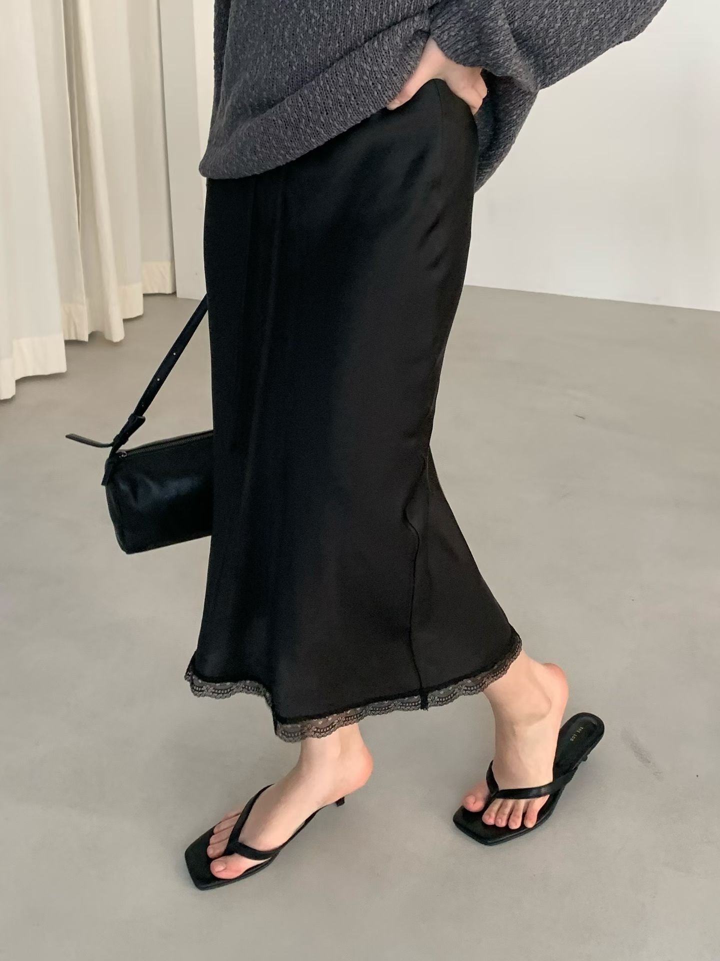 Mori lace satin skirt-2col