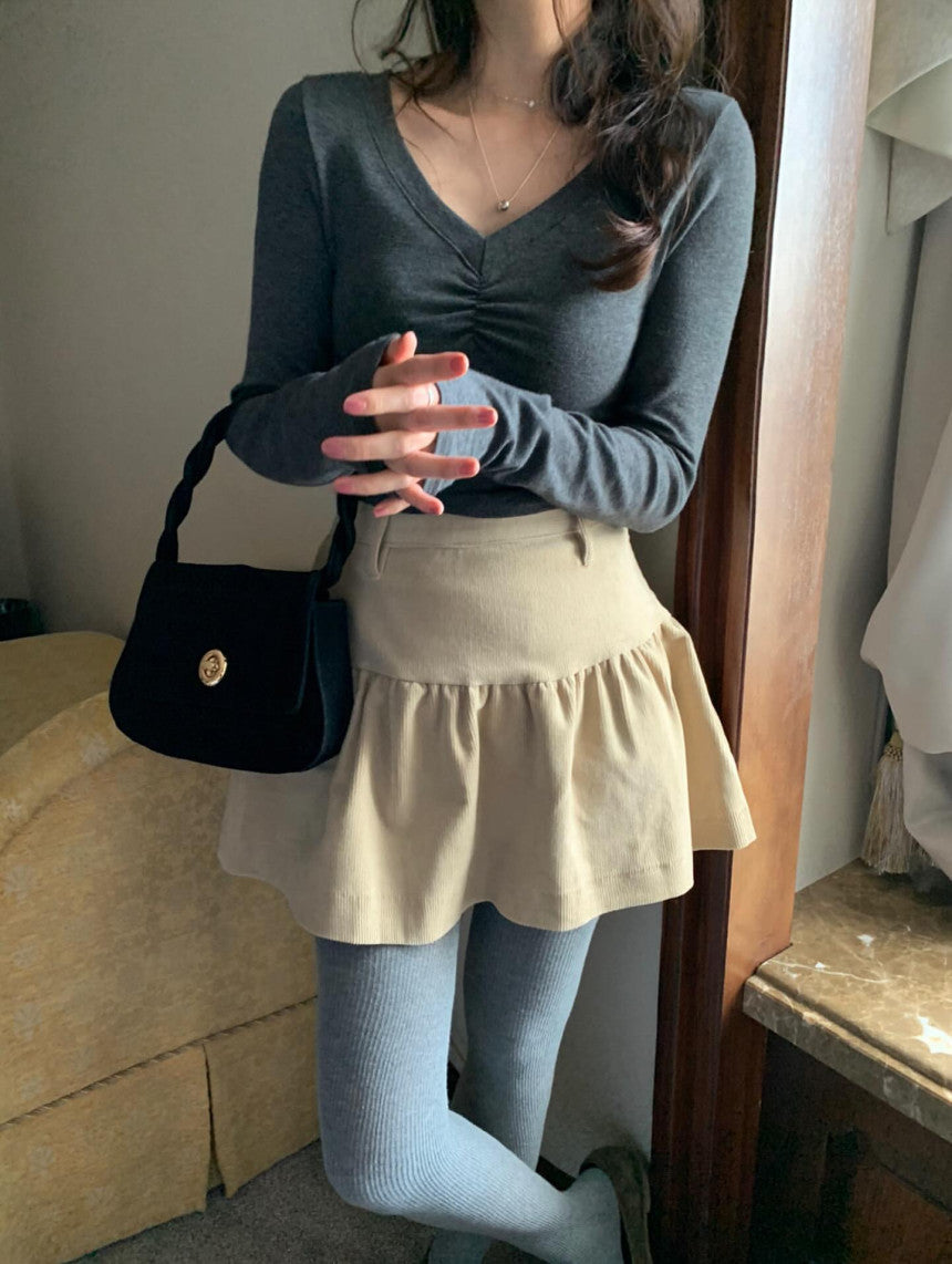 V-neck shirring T-4col