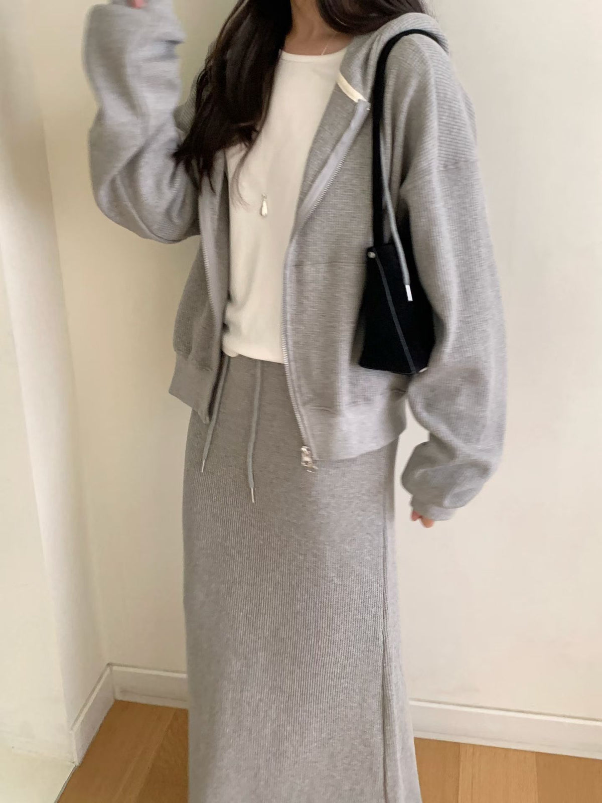 Waffle 2way hood zipup&skirt-2col