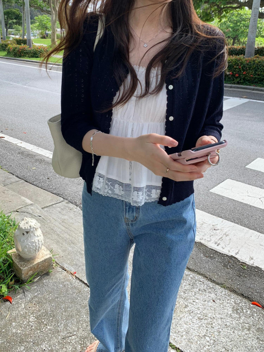 navy即納 French wave cardigan-3col
