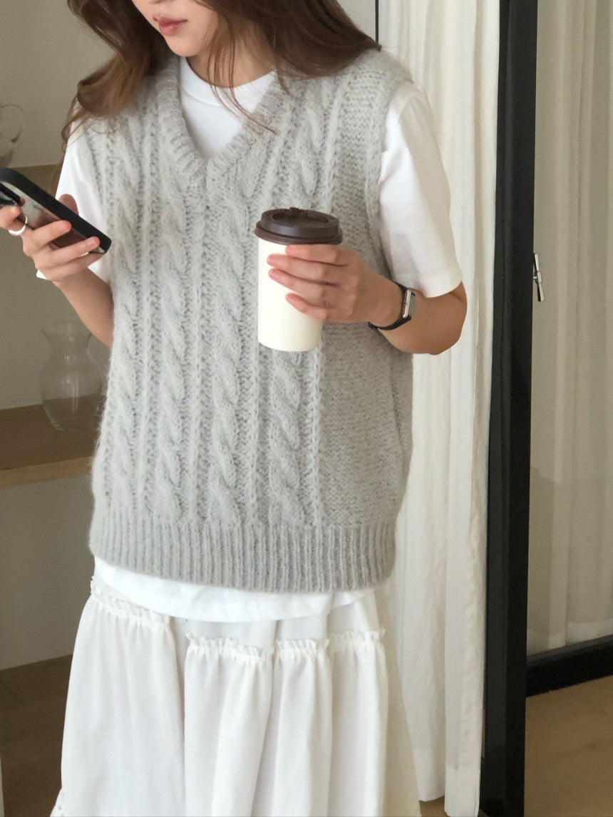 Alpaca canle v neck vest-2col