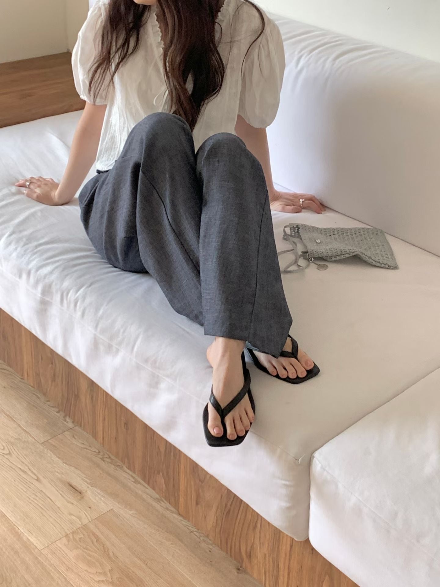 linen denim strap back-banding wide pants-2col/ショート丈あり
