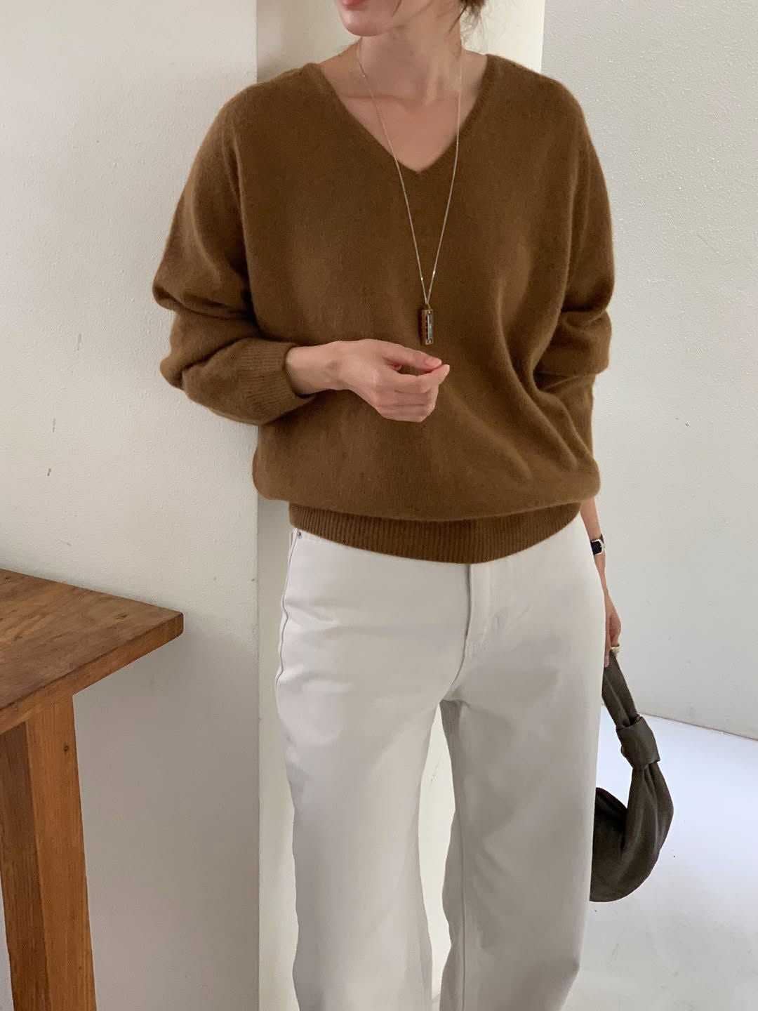 Hills fox wholegarment V-neck knit-3col