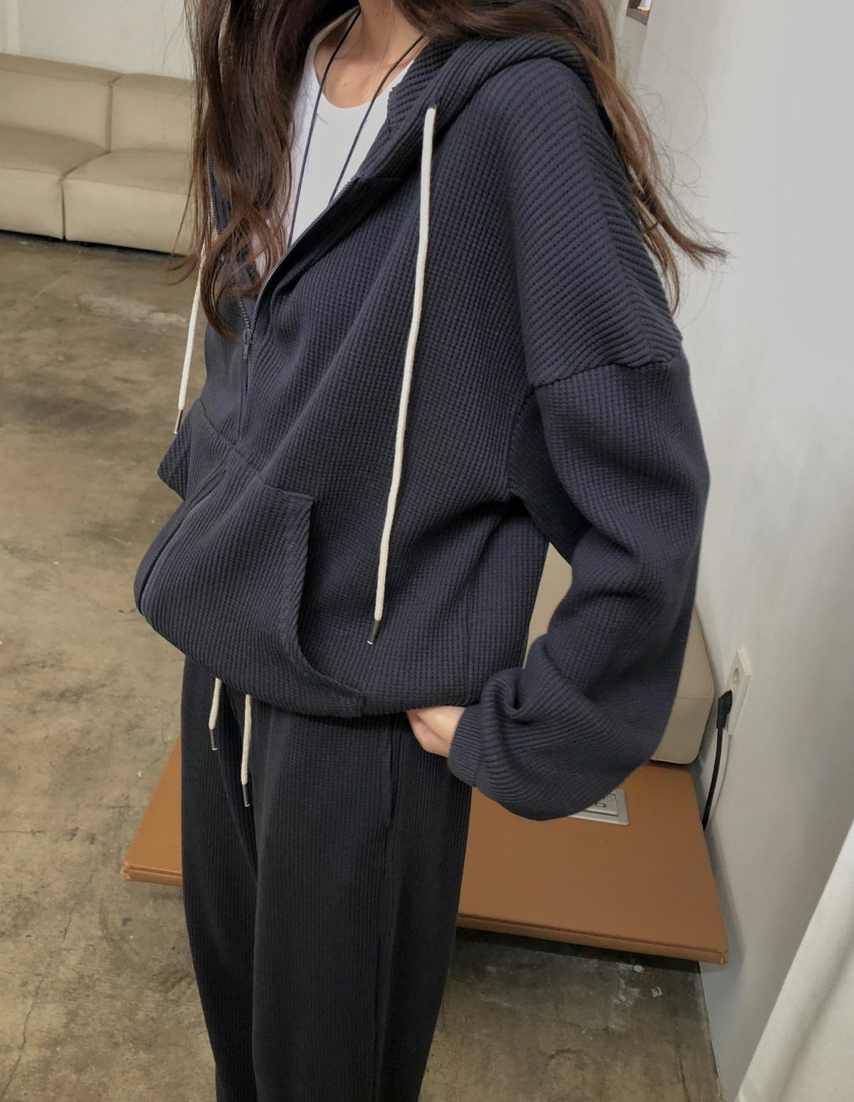 waffle hooded zip-up&pants-3col
