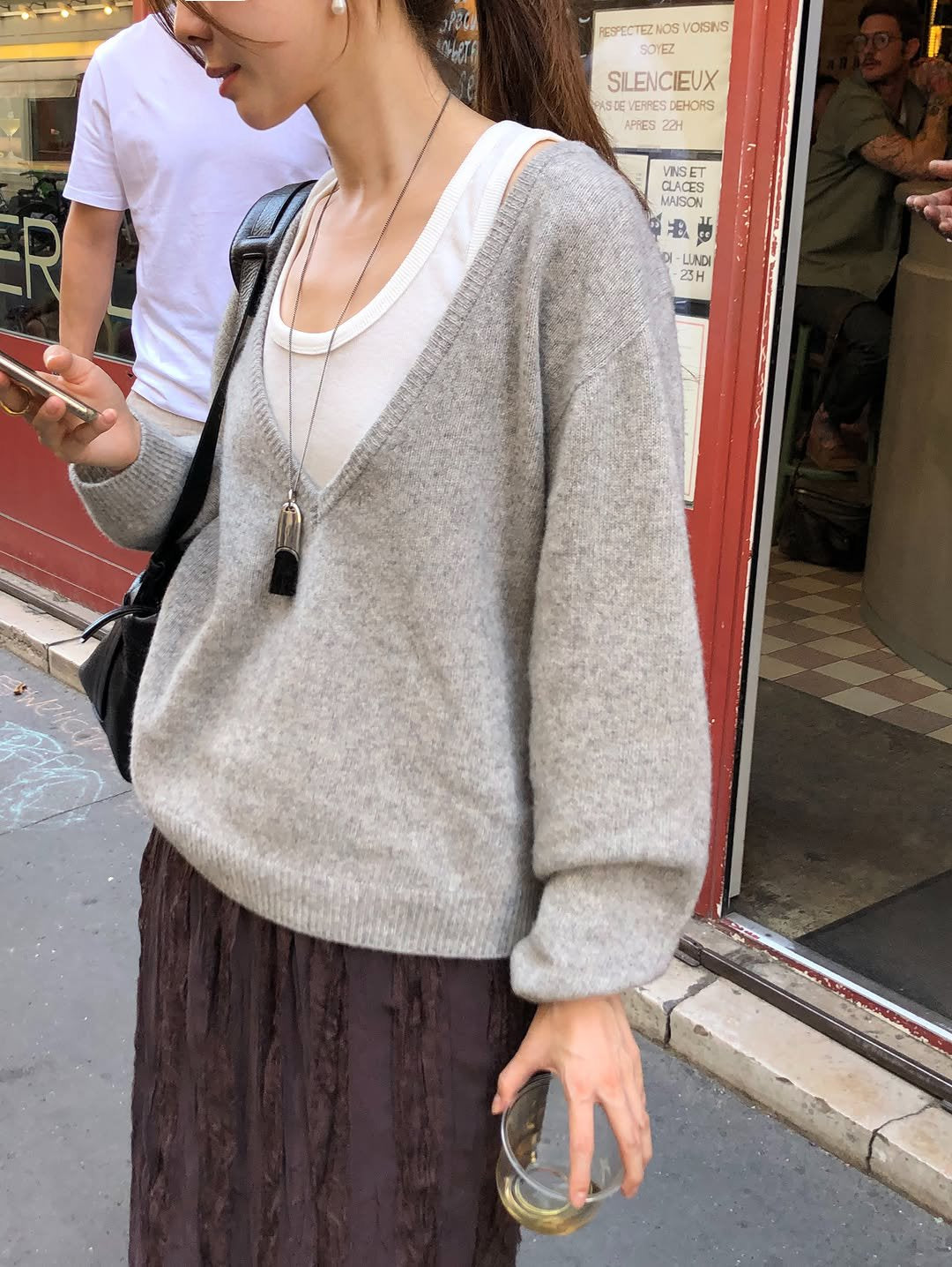 Celine cashmere wholegarment deep V-neck knit-3col