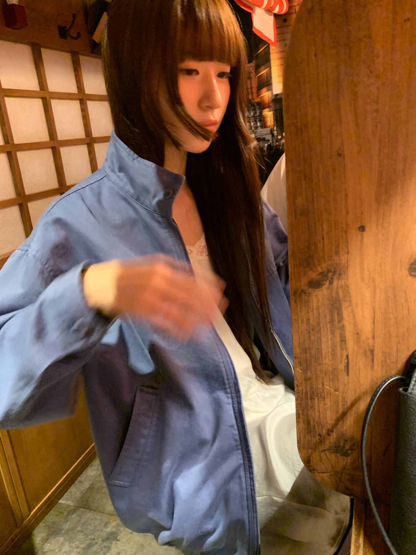 french blue cotton high-neck zip-up jacket-3col