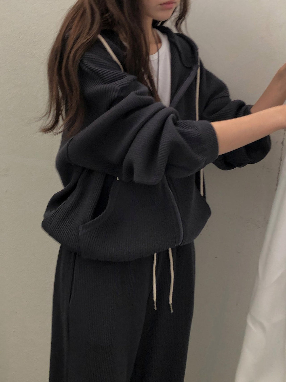waffle hooded zip-up&pants-3col