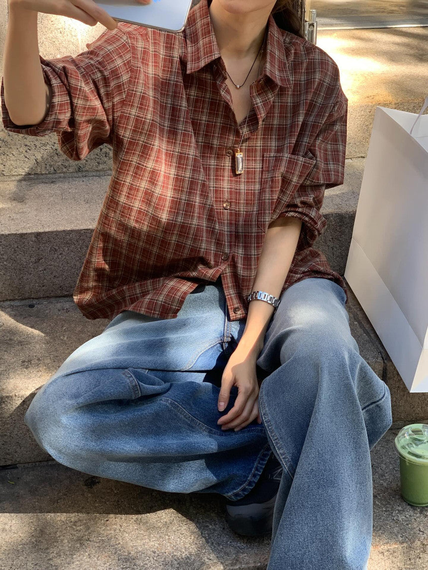 Maron check shirt-2col