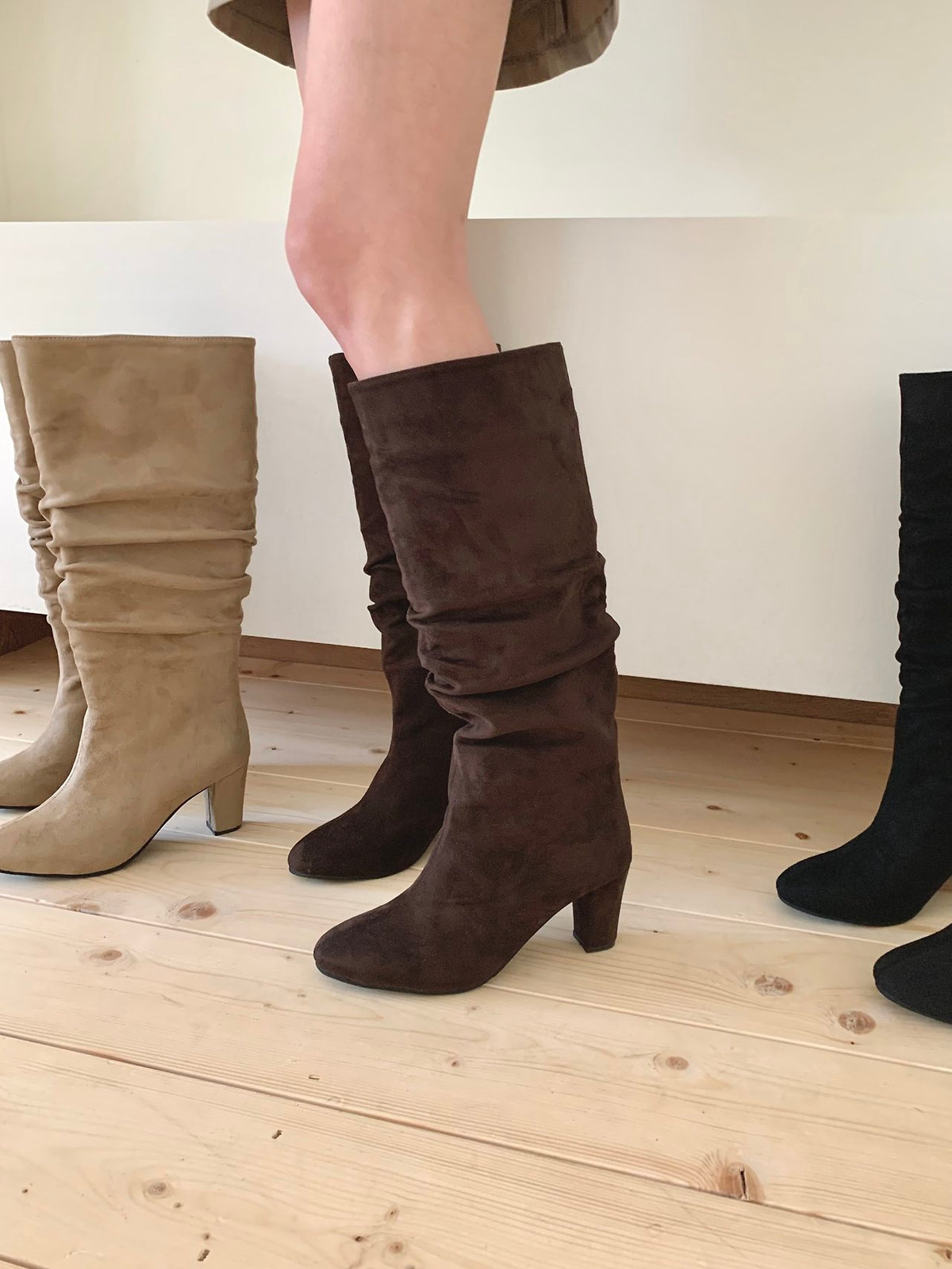 7cm Suede Wrinkle Long Boots-3col
