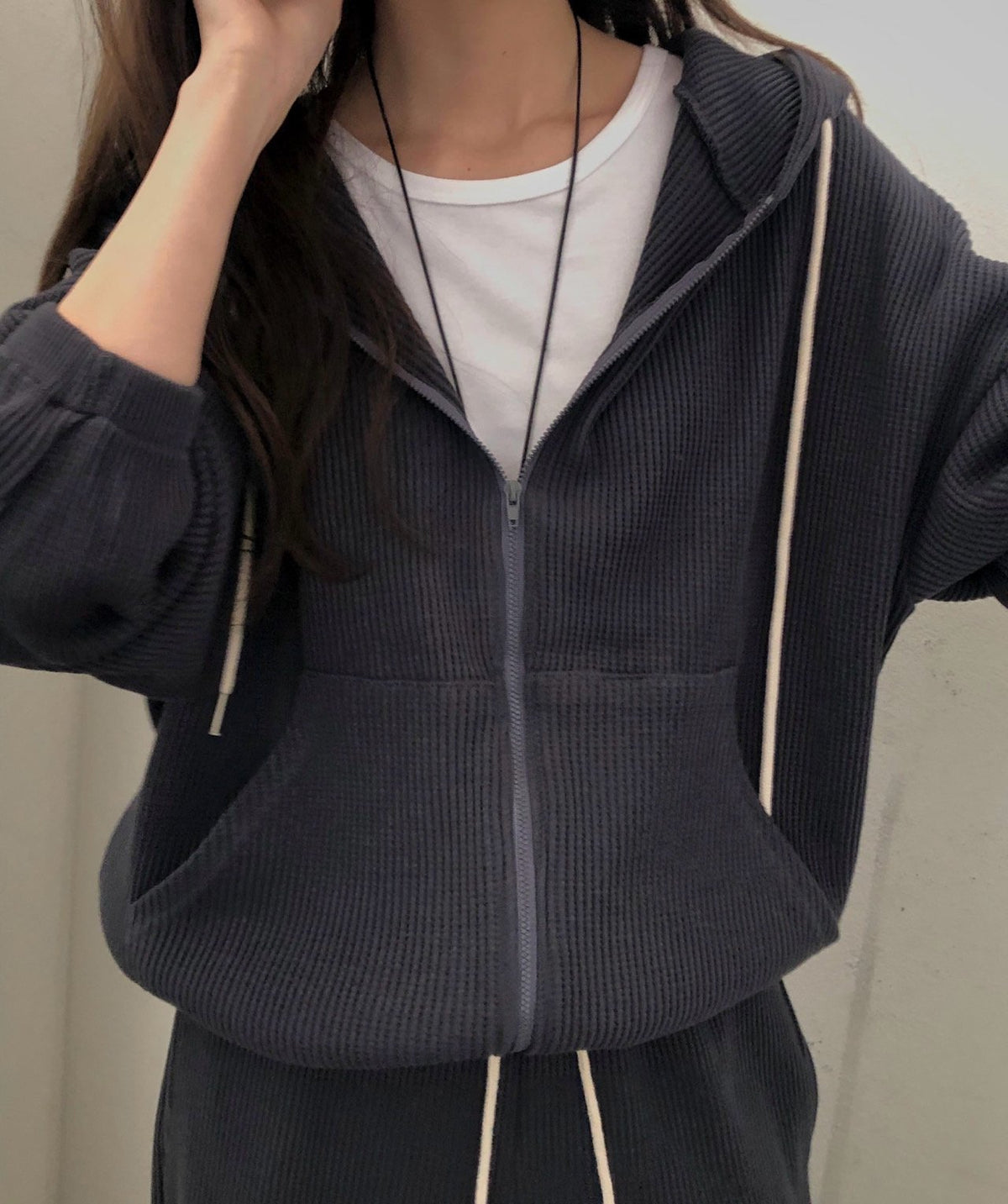 waffle hooded zip-up&pants-3col